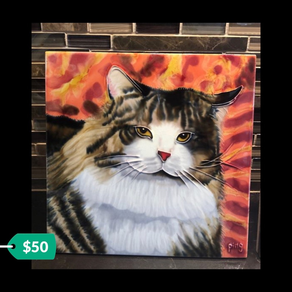 Pair of cat fine art tiles by artist Ping - Picture 2 of 3